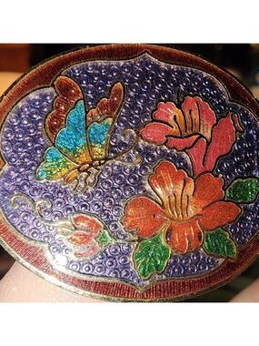 Vintage Colorful Enamel Butterfly and Floral Cloisenne Scarf Clip Purple